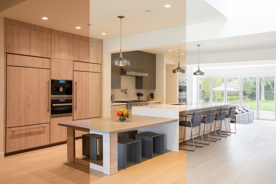 A kitchen illuminated in three different ways by Ketra smart lighting. 