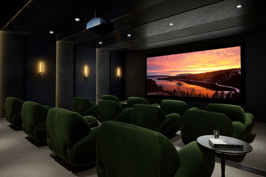Luxury home theater with a mountain scene displayed on a large screen.