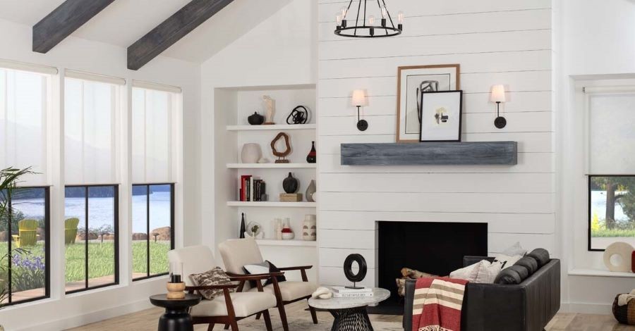 A living room with Lutron’s Palladiom shades half drawn.